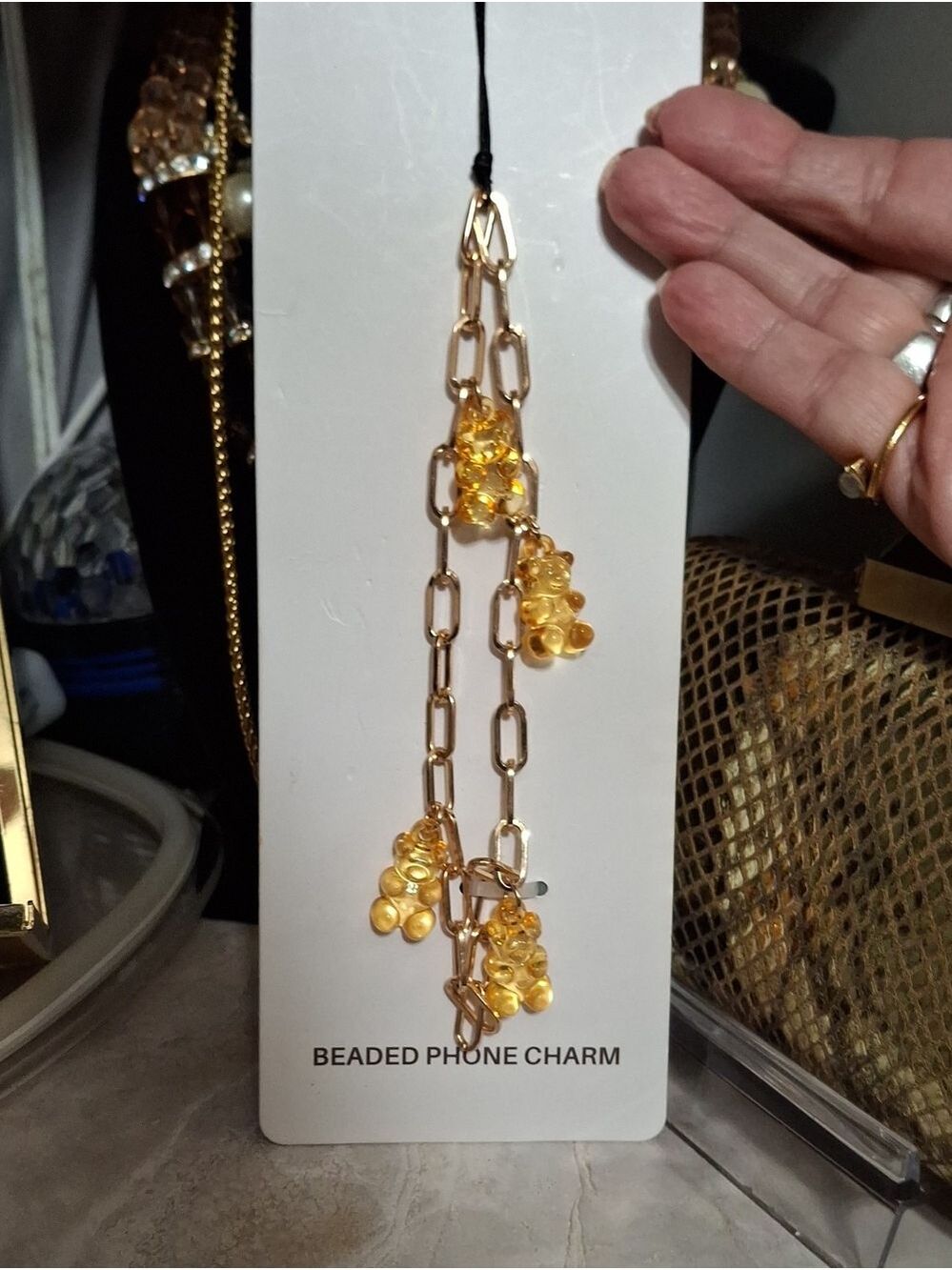 Gold-Tone Necklace Phone Charm with Yellow Beads